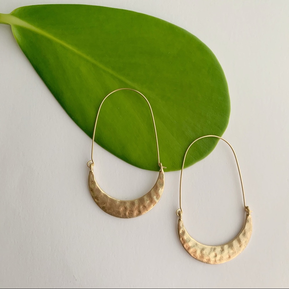 Crescent Moon Hammered Drop Hoop Earrings in Gold
